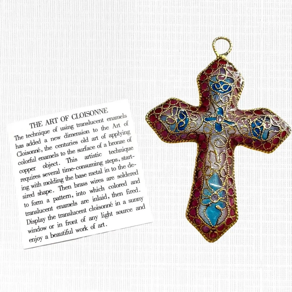 Cloisonne Cross Ornament Filigree Translucent Stained Glass Effect Enamel Floral